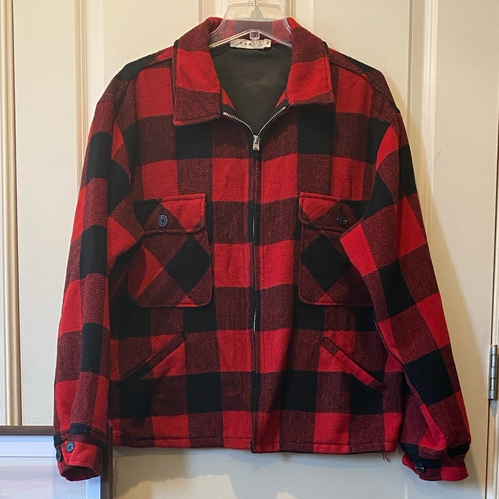 MNML▪️Red And Black Buffalo Check Flannel Bomber Trucker Jacket Sz XL.